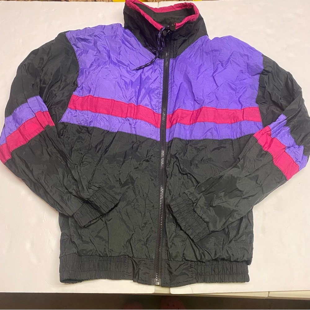 Vintage Marina Bay Black and Purple Windbreaker Jacket Colorful Womens S 80s,90s